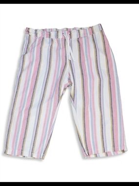 Purple & More Linen Blend Striped Crop Pants Large Drawstring Waist Capris